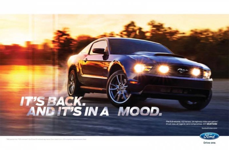 Ford Mustang vintage auto ad; It's back. And it's in a mood Ford Mustang vintage auto ad; It's back. And it's in a mood